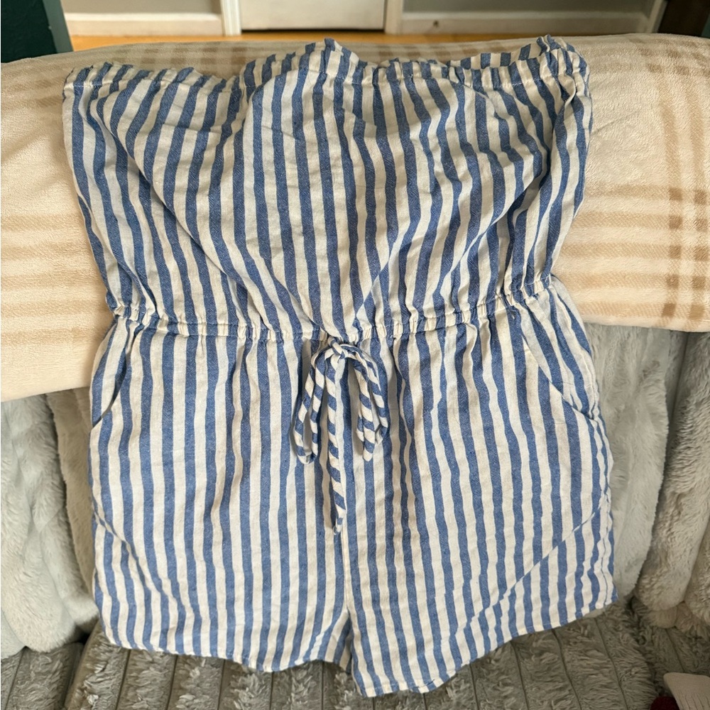 Blue and White Striped Strapless Romper